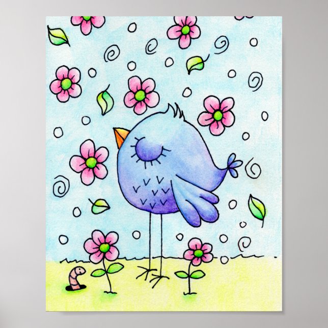 Póster Pájaro Azul y Flores Caprichosas (Frente)