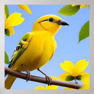 Póster Pájaro Cantador Amarillo Brillante En Rama Regalo 