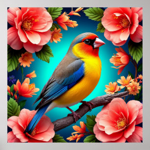 Póster Pájaro Cantador Posado Entre Flores Brillantes