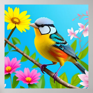 Póster Pájaro Cantador Vibrante Posado en una Rama Floral