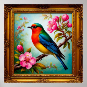 Póster Pájaro Cantor Vibrante en Rama Floral