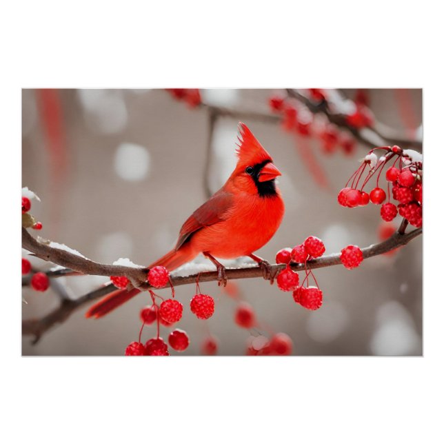 Póster Pájaro cardenal rojo con bayas silvestres (Anverso)