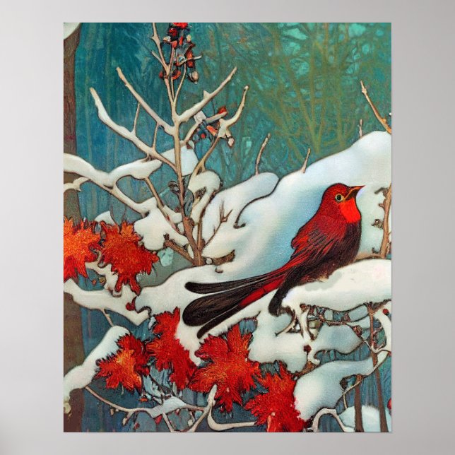 Póster Pájaro cardenal rojo en la nieve (Frente)