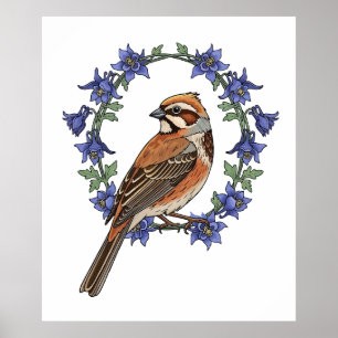Póster Pájaro Colorado Lark Bunting Rodeado De Columbina