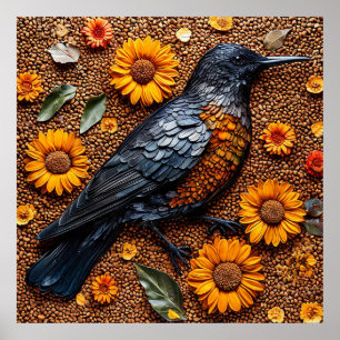 Póster Pájaro Colorido Arreglado con Girasoles