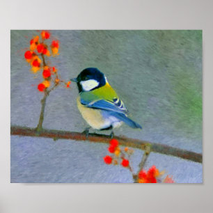 Póster Pájaro colorido con flores rojas/anaranjadas