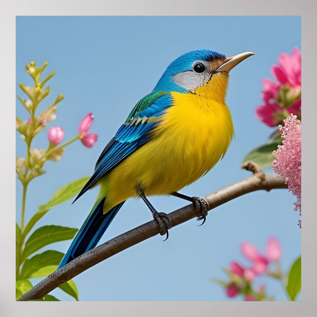 Póster Pájaro Colorido en Rama Florida (Frente)