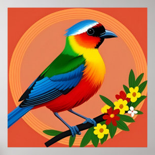 Póster Pájaro Colorido Encaramado Entre Flores Vivas