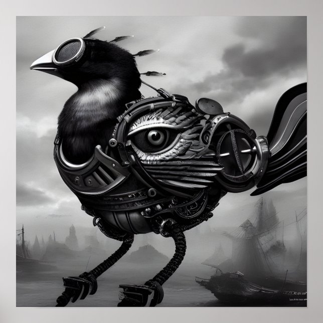Póster Pájaro de ala de ojos de Steampunk Surreal B&W (Frente)