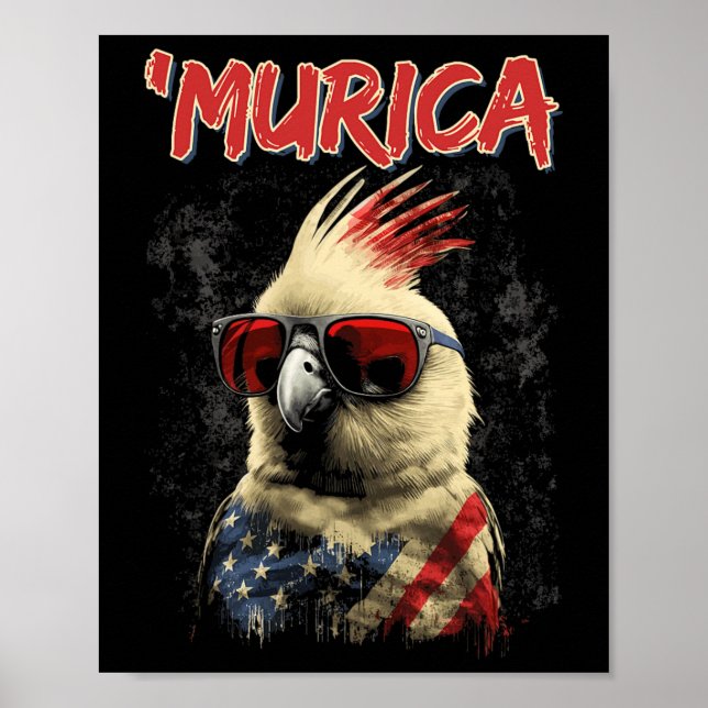 Póster Pájaro De Cockatiel Patriótico 4 De Julio Bandera  (Frente)