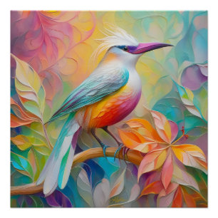 Póster Pájaro de Fantasía de Pechuga Roja con Billar Rosa