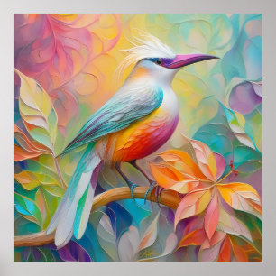 Póster Pájaro de Fantasía de Pechuga Roja con Billar Rosa