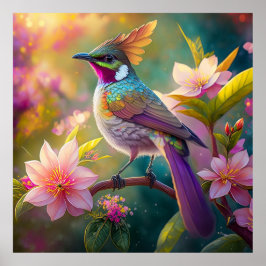 Póster Pájaro de fantasía Jay Arcoíris con cresta naranja
