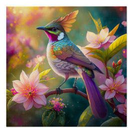 Póster Pájaro de fantasía Jay Arcoíris con cresta naranja