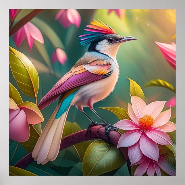 Póster Pájaro de fantasía Jay con cresta de arcoíris (Frente)