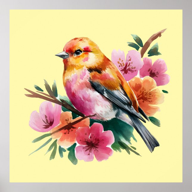 Póster Pájaro de flor rosa (Frente)