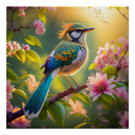 Póster Pájaro de la Fantasía Verde azulada con Cabecera V