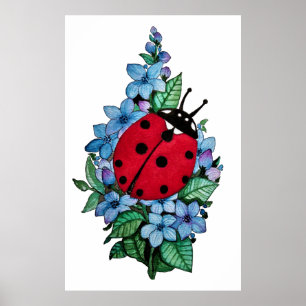 Póster Pájaro De Ladybird Acuarela Con Flores Salvajes Az