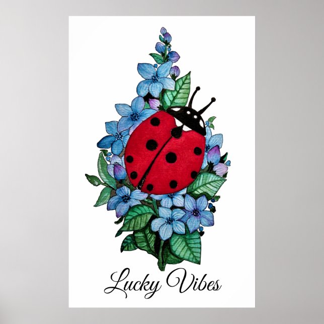 Póster Pájaro De Ladybird Acuarela Con Flores Salvajes Az (Frente)