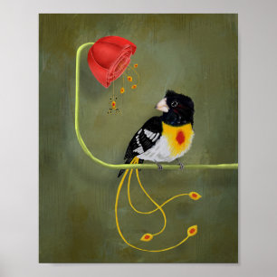 Póster Pájaro de pechuga amarilla con araña bananera