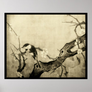 Póster PÁJARO DE PRIMAVERA Y ÁRBOL DE FLORES Marrón Sepia