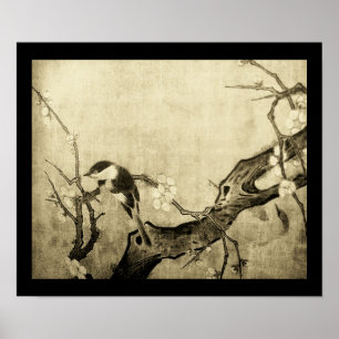 Póster PÁJARO DE PRIMAVERA Y ÁRBOL DE FLORES Marrón Sepia