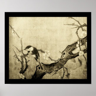 Póster PÁJARO DE PRIMAVERA Y ÁRBOL DE FLORES Marrón Sepia