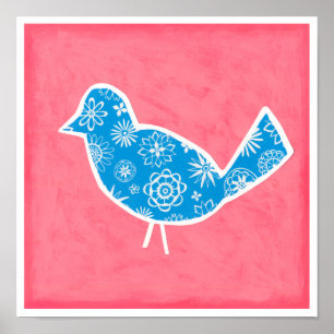 Póster Pájaro decorativo con patrones en fondo rosado