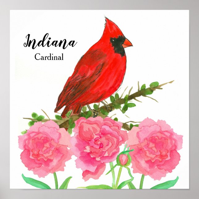 Póster Pájaro del Cardenal Rojo de Indiana Peonies (Frente)