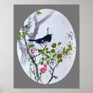 Póster Pájaro en la rama del florecimiento de cerezos, Wa