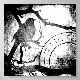 Póster Pájaro en una rama, negro y blanco