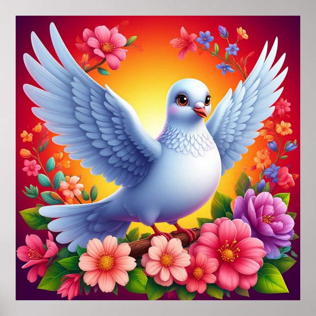 Póster Pájaro Encaramado Entre Flores Coloridas (Frente)