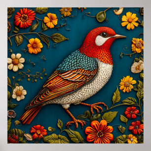 Póster Pájaro Encaramado Entre Flores Coloridas