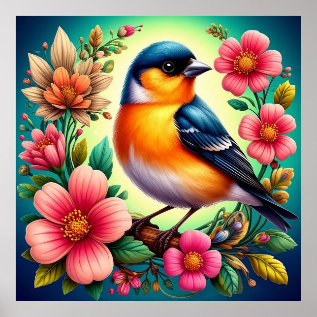 Póster Pájaro Encaramado Entre Flores Coloridas (Frente)