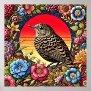 Póster Pájaro entre flores coloridas