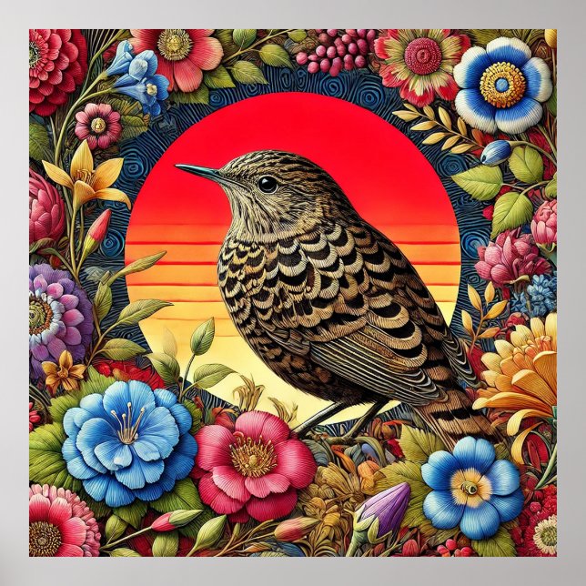 Póster Pájaro entre flores coloridas (Frente)