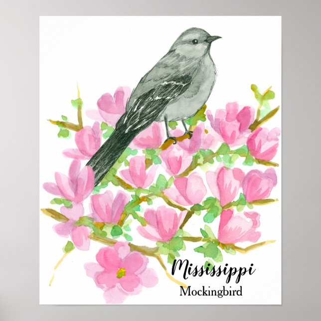 Póster Pájaro estatal de Mississippi Mockingbird acuarela (Frente)