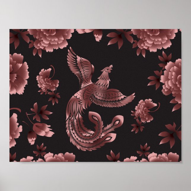 Póster Pájaro Fénix con flores de peonía (Frente)