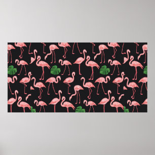 Póster pájaro flamingo con patrón de hojas de palma monst