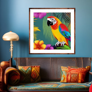 Póster Pájaro loro palmas tropicales florales azul púrpur