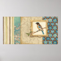 Pájaro marrón y azul en una rama mirando hacia arr