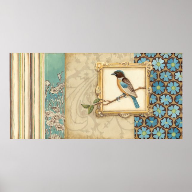 Póster Pájaro marrón y azul en una rama mirando hacia arr (Frente)