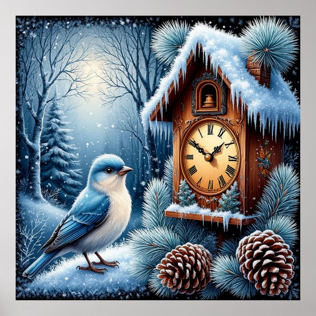 Póster Pájaro, piñas y reloj de madera (Frente)
