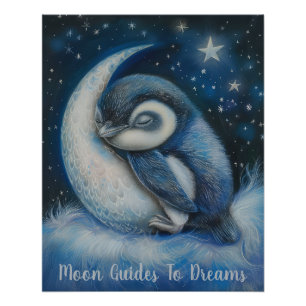 Póster Pájaro pingüino durmiendo en la luna