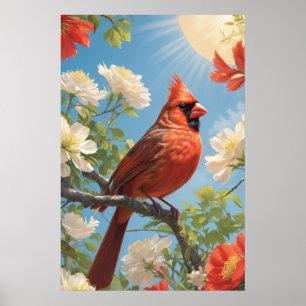 Póster Pájaro rojo en sol y flores