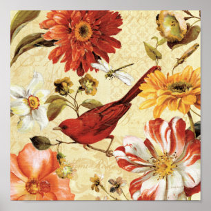 Póster Pájaro rojo en un jardín de flores