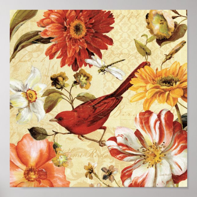 Póster Pájaro rojo en un jardín de flores (Frente)