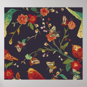 Póster Pájaro vintage, mariposa, acuarela de bordado.