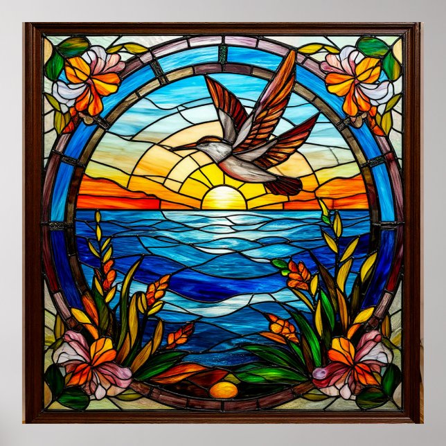 Póster Pájaro volando sobre el océano al amanecer (Frente)