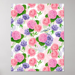 Póster Pájaro y flores